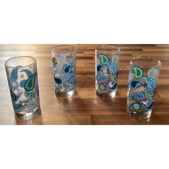 CRISA Libbey Blue Green Paisley Drinking Glass Tumblers 6” Tall Set Of 4 - Picture 5 of 10